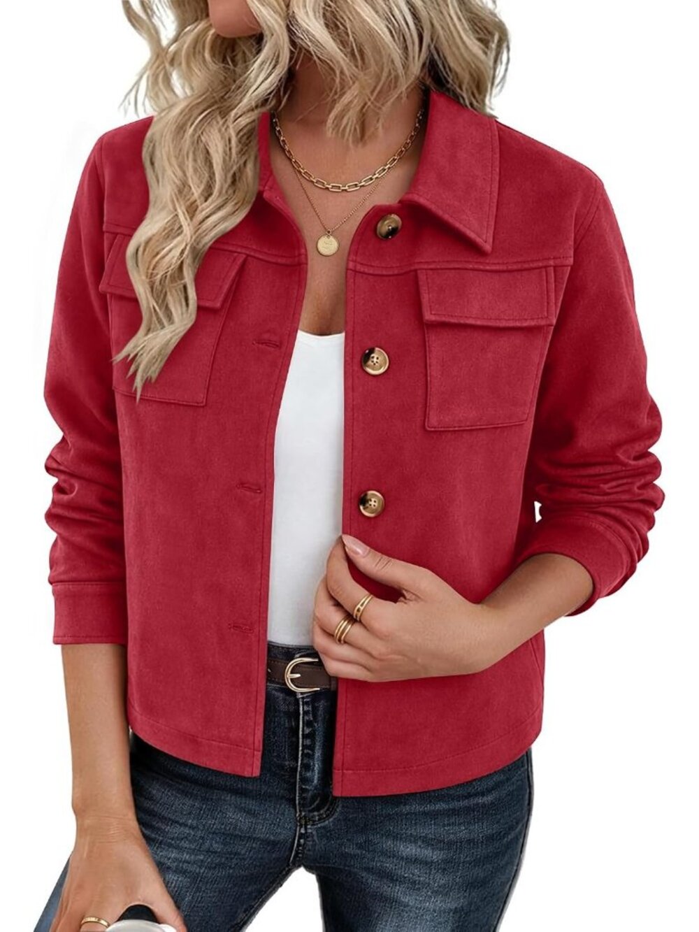 Women Red Long Sleeve Faux Suede Cropped Shacket Button Down Fall Jacket